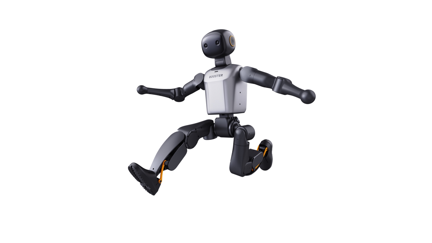 Booster K1 humanoid robot in a dynamic jumping pose