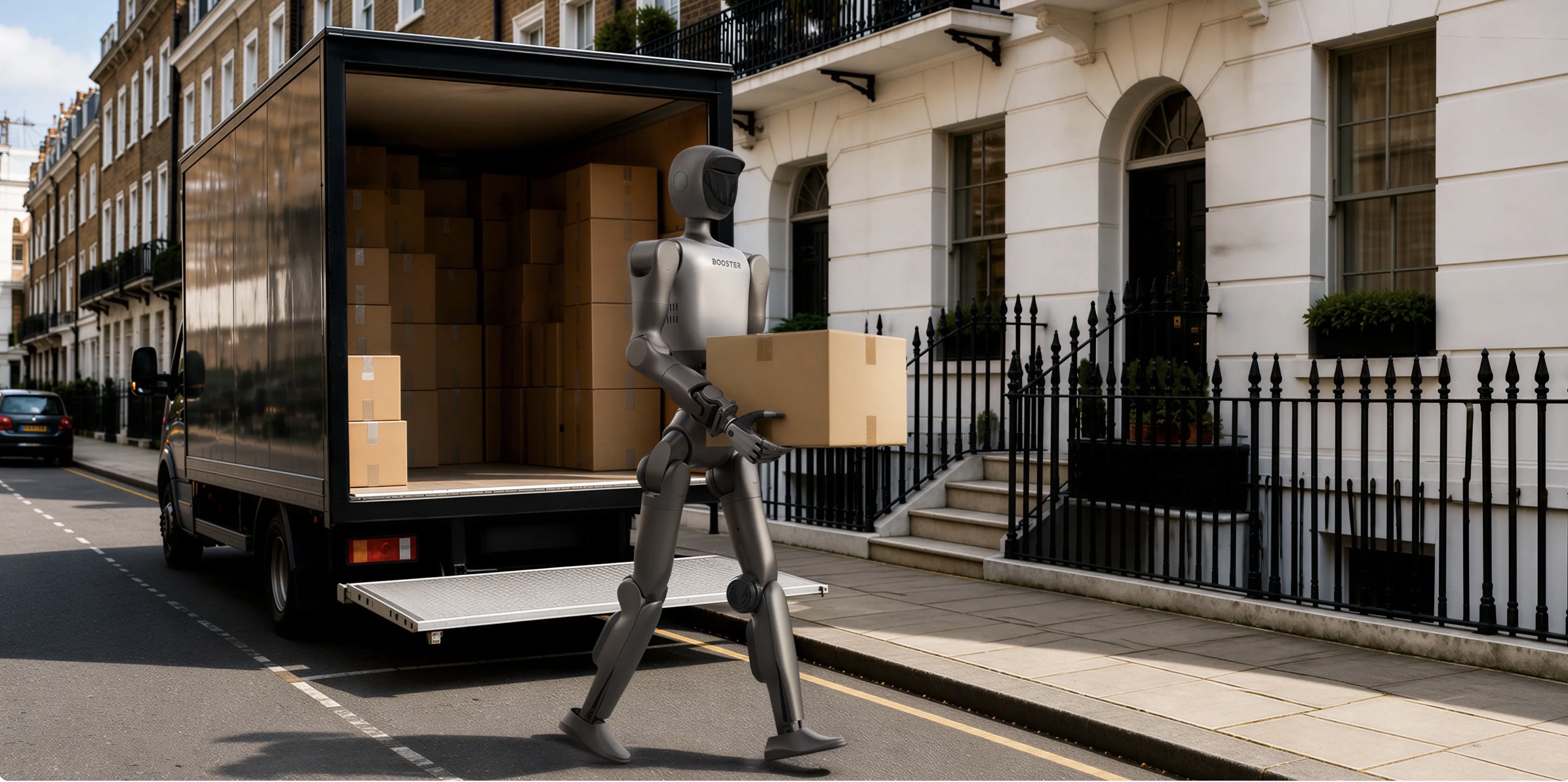 Booster T2 humanoid robot carrying a parcel beside a delivery vehicle