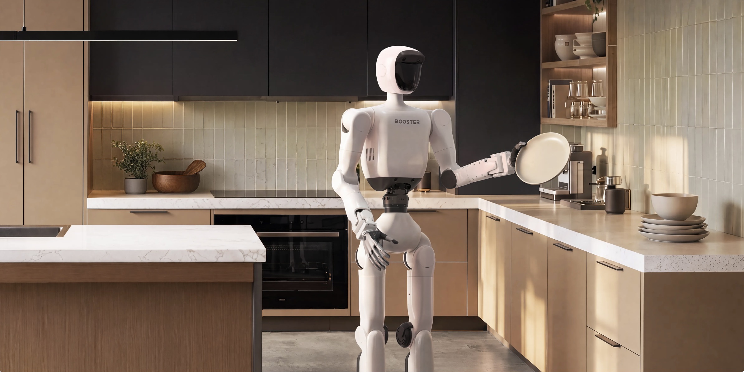 Booster T2 humanoid robot demonstrating a kitchen task